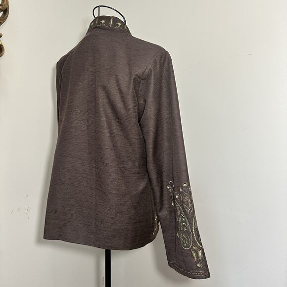 Silk Land Silk Pearl Button Jacket Women Size LG Brown with Green Embroidery - Picture 3 of 11